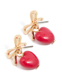 Gold Bow & Red Heart Drop Earrings - link has visual effect only