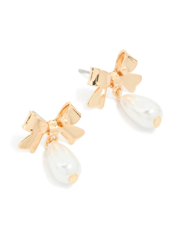 Gold Pearl & Bow Drop Stud Earrings