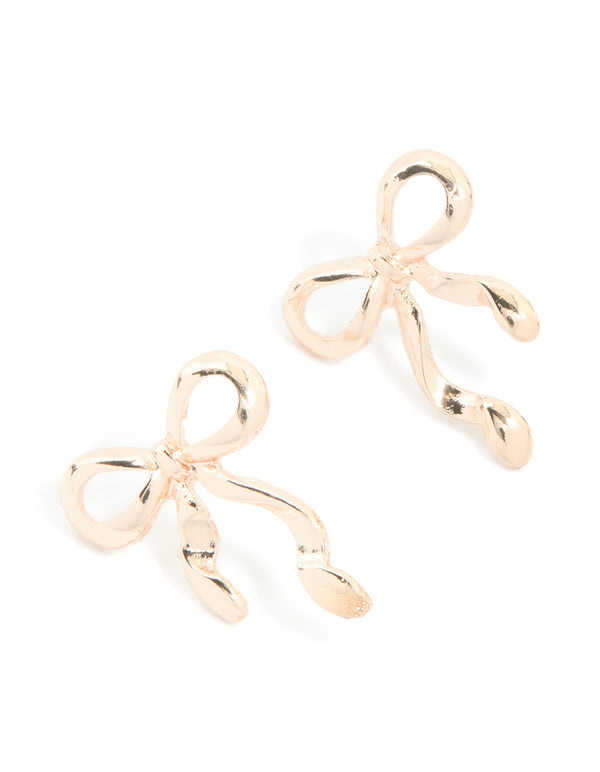 Rose Gold Long Ribbon Bow Stud Earrings