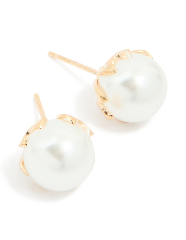 Gold Pearl Round Stud Earrings
