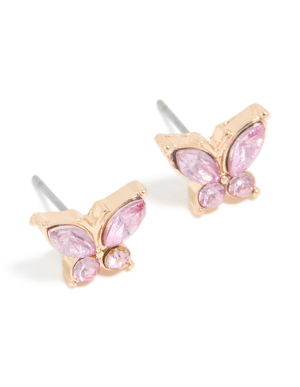 Gold Plated Pink Diamante Butterfly Stud Earrings