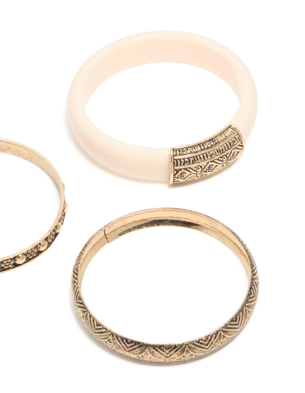 Antique Gold Textured & Acrylic Bangles 3-Pack