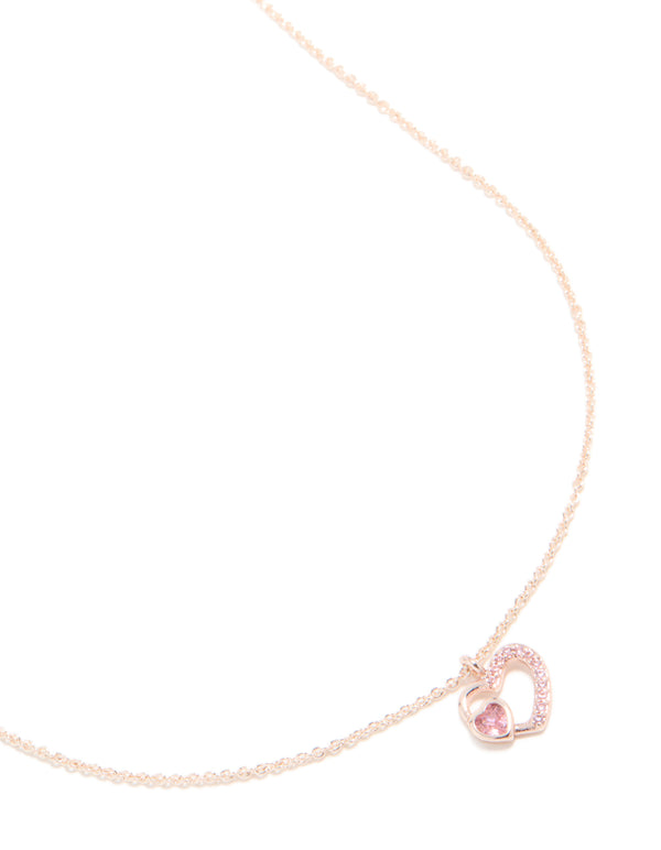 Rose Gold Plated Pink Cubic Zirconia Double Heart Pendant Necklace