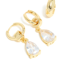 Gold Plated Diamante Pear Drop Huggie & Open Hoop Earrings 2 Pack - link has visual effect only