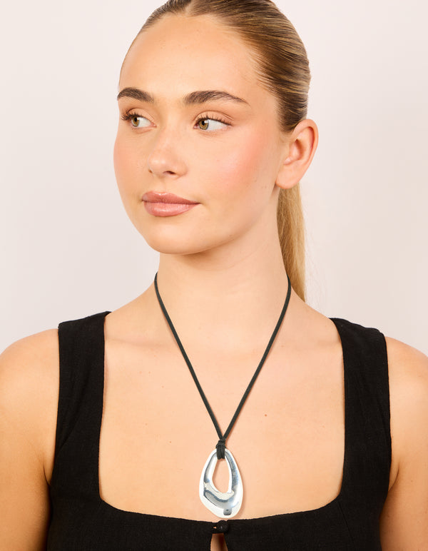 Silver Plated Open Oval Pendant Long Cord Necklace