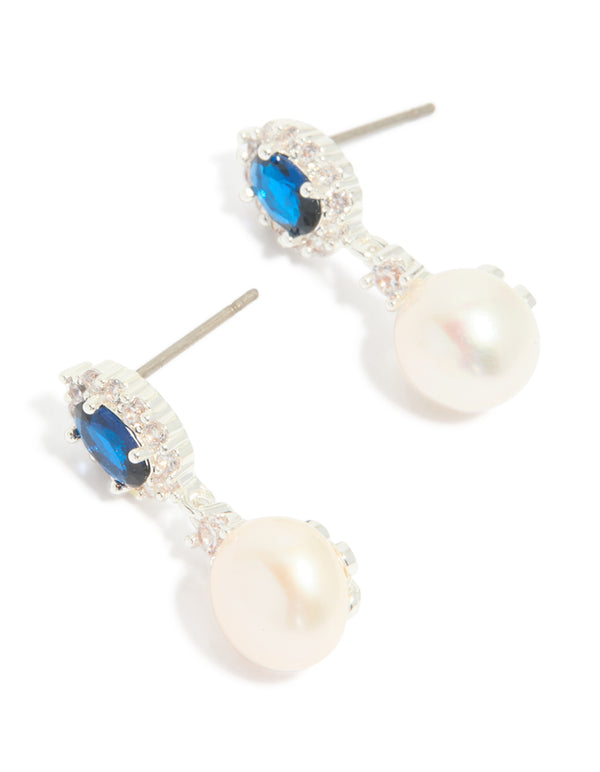 Silver Plated Blue Cubic Zirconia & Freshwater Pearl Halo Drop Earrings