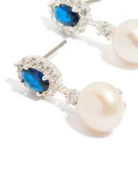 Silver Plated Blue Cubic Zirconia & Freshwater Pearl Halo Drop Earrings - link has visual effect only