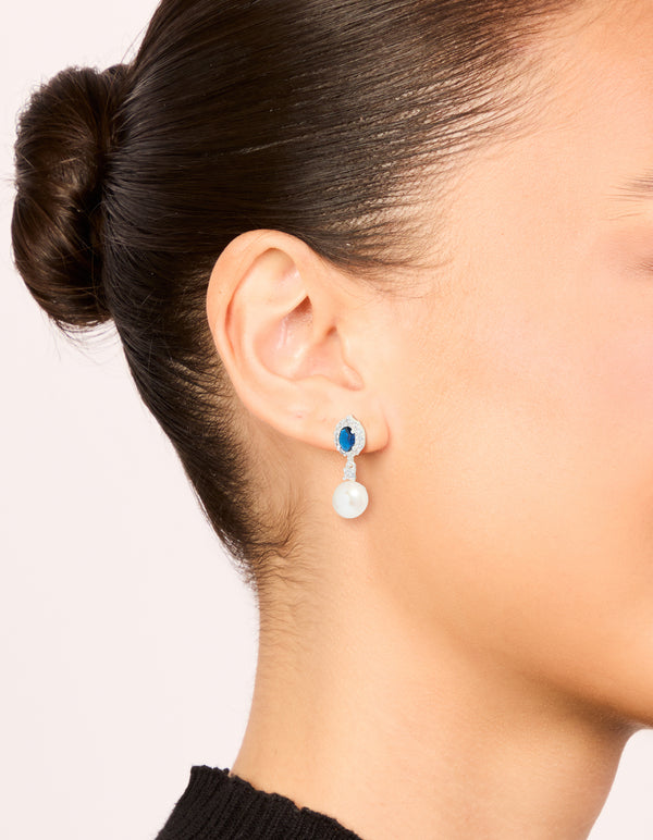 Silver Plated Blue Cubic Zirconia & Freshwater Pearl Halo Drop Earrings