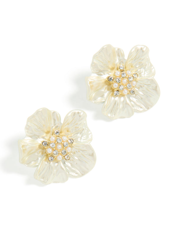 Gold Plated Diamante & Pearl Flower Statement Earrings
