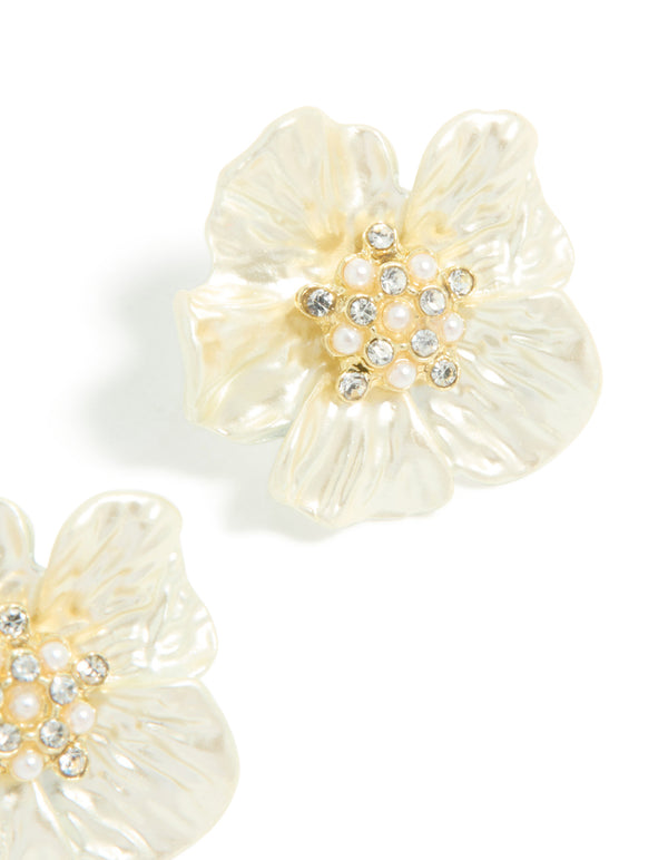 Gold Plated Diamante & Pearl Flower Statement Earrings