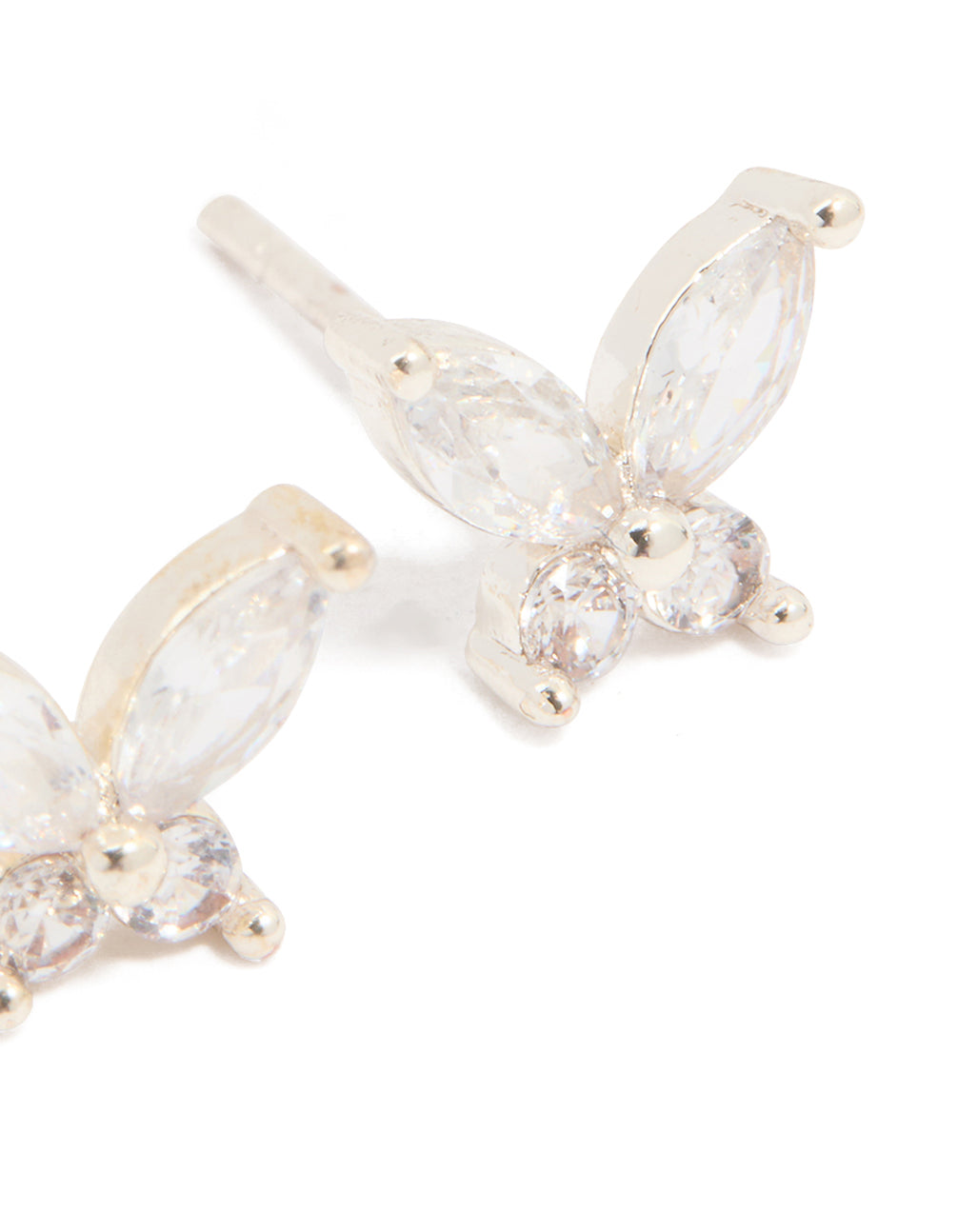 Highlighting waterproof stainless steel butterfly stud earrings with cubic zirconia in silver and clear tones post detail view