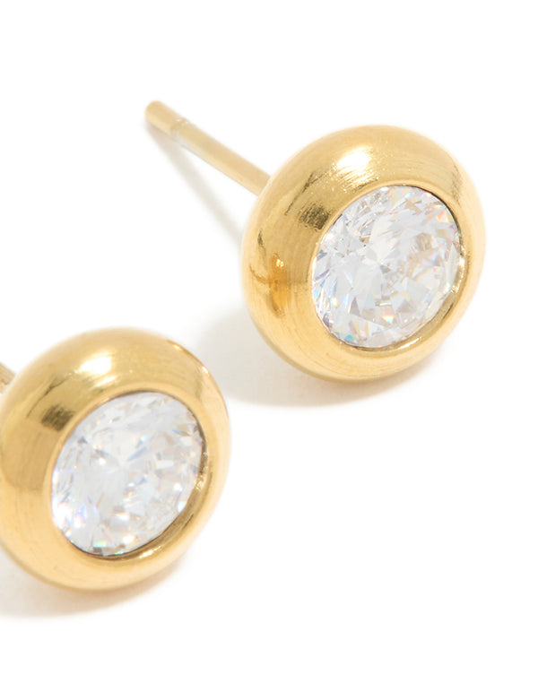 Waterproof Gold Plated Stainless Steel Cubic Zirconia Bezel Stud Earrings