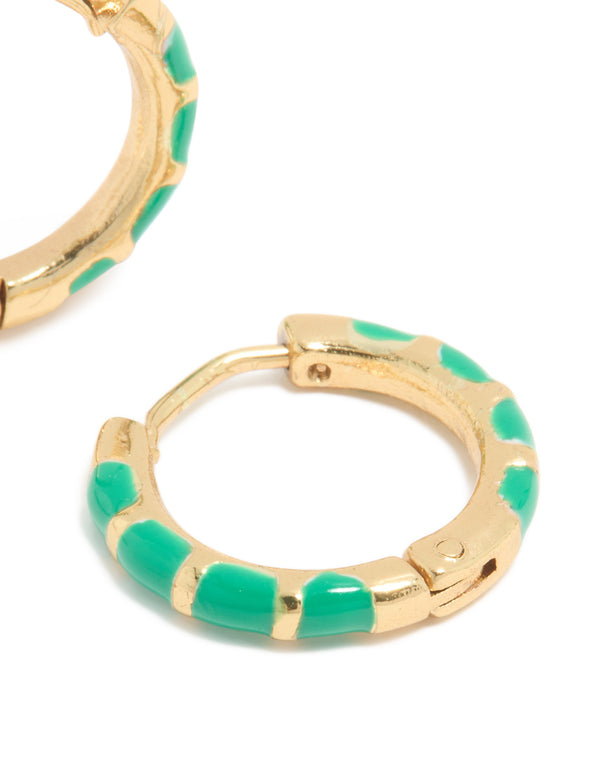 Waterproof Gold Plated Stainless Steel Bamboo Green Enamel Huggie Earrings