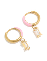 Waterproof Gold Plated Stainless Steel Pink Enamel Cubic Zirconia Charm Huggie Earrings - link has visual effect only