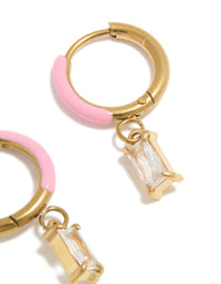 Waterproof Gold Plated Stainless Steel Pink Enamel Cubic Zirconia Charm Huggie Earrings - link has visual effect only