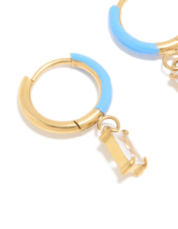 Waterproof Gold Plated Stainless Steel Light Blue Enamel Cubic Zirconia Charm Huggie Earrings