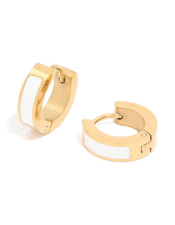 Waterproof Gold Plated Stainless Steel Small White Enamel Inlay Huggie Earrings