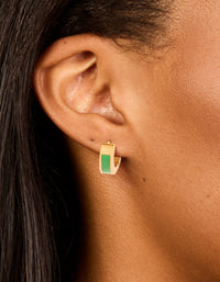 Waterproof Gold Plated Stainless Steel Small Green Enamel Inlay Huggie Earrings - link has visual effect only