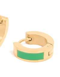 Waterproof Gold Plated Stainless Steel Small Green Enamel Inlay Huggie Earrings - link has visual effect only