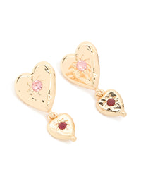 Gold Double Heart With Diamante Star Centre Drop Earrings - link has visual effect only