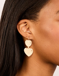 Gold Double Textured Hearts Drop Earrings - link has visual effect only