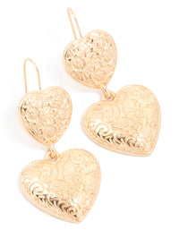Gold Double Textured Hearts Drop Earrings - link has visual effect only