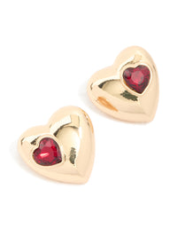 Gold Puffy Heart With Red Diamante Detail Stud Earrings - link has visual effect only