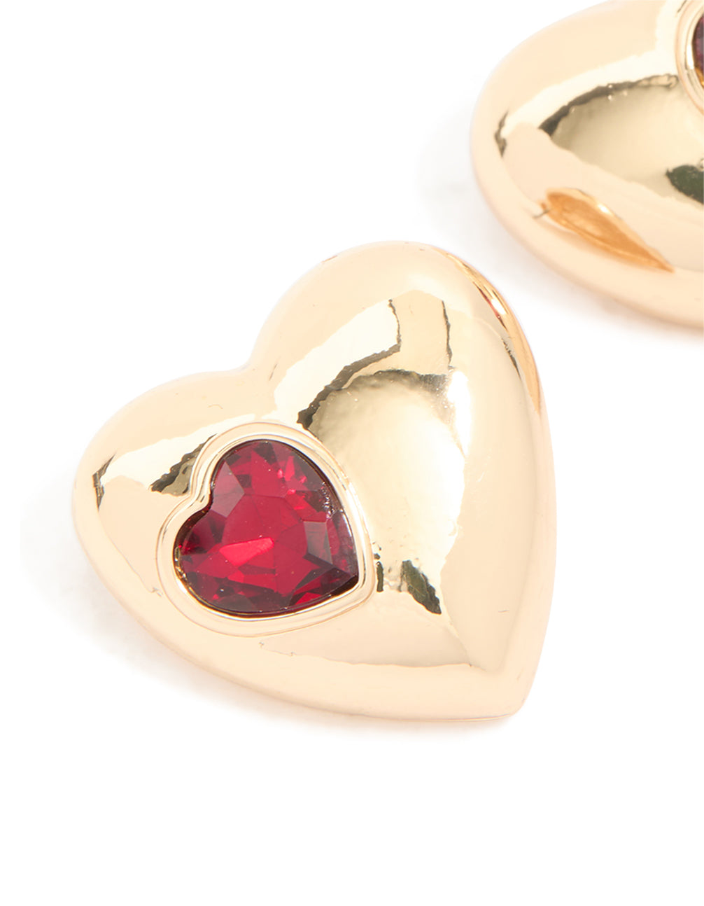 Gold Puffy Heart With Red Diamante Detail Stud Earrings