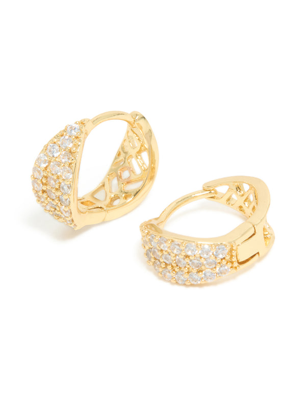 Gold Plated Cubic Zirconia Organic Flat Huggie Earrings