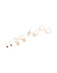 Gold Red Diamante & Floral Earrings 4 Pack - link has visual effect only