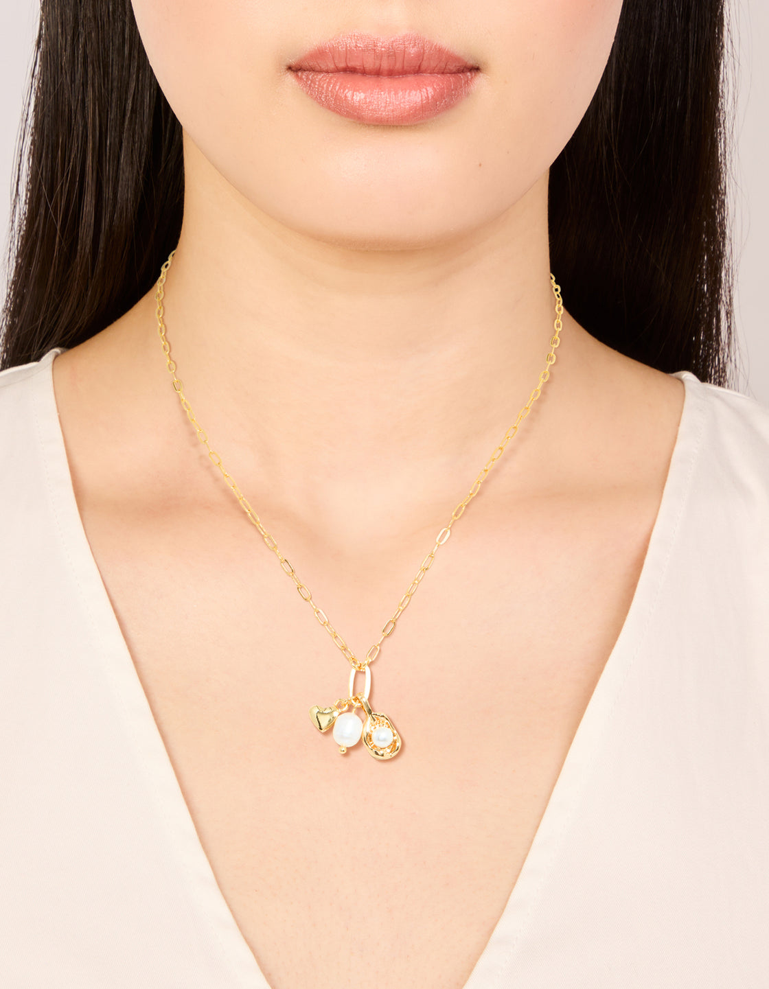 Gold Plated Freshwater Pearls & Heart Cluster Pendant Necklace