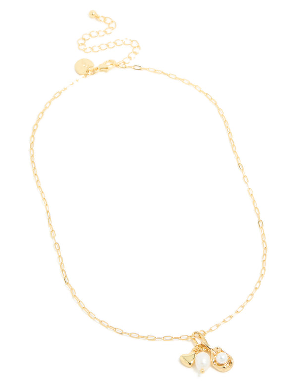 Gold Plated Freshwater Pearls & Heart Cluster Pendant Necklace
