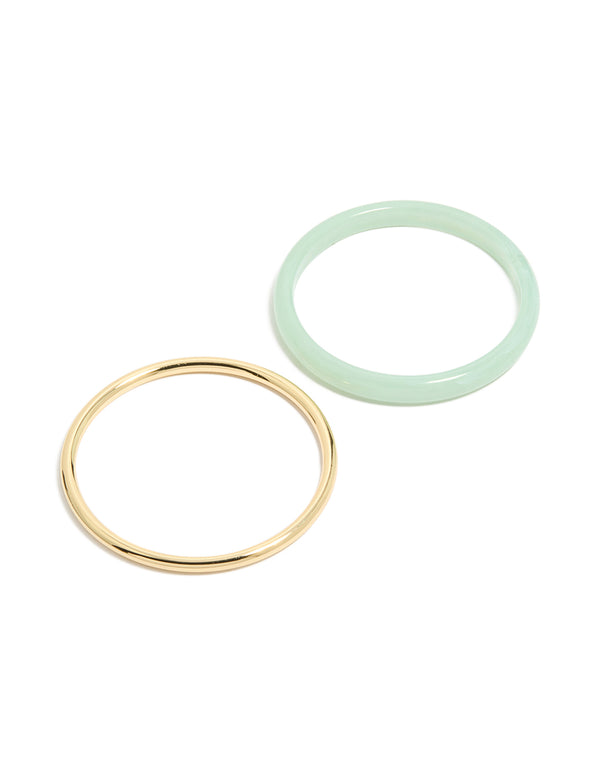 Showcasing gold plated and green smooth acrylic bangles in a 2-pack front view