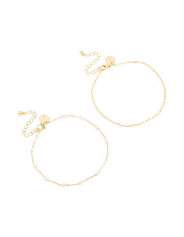 Gold Plated Mini Pearl & Chain Anklets 2-Pack