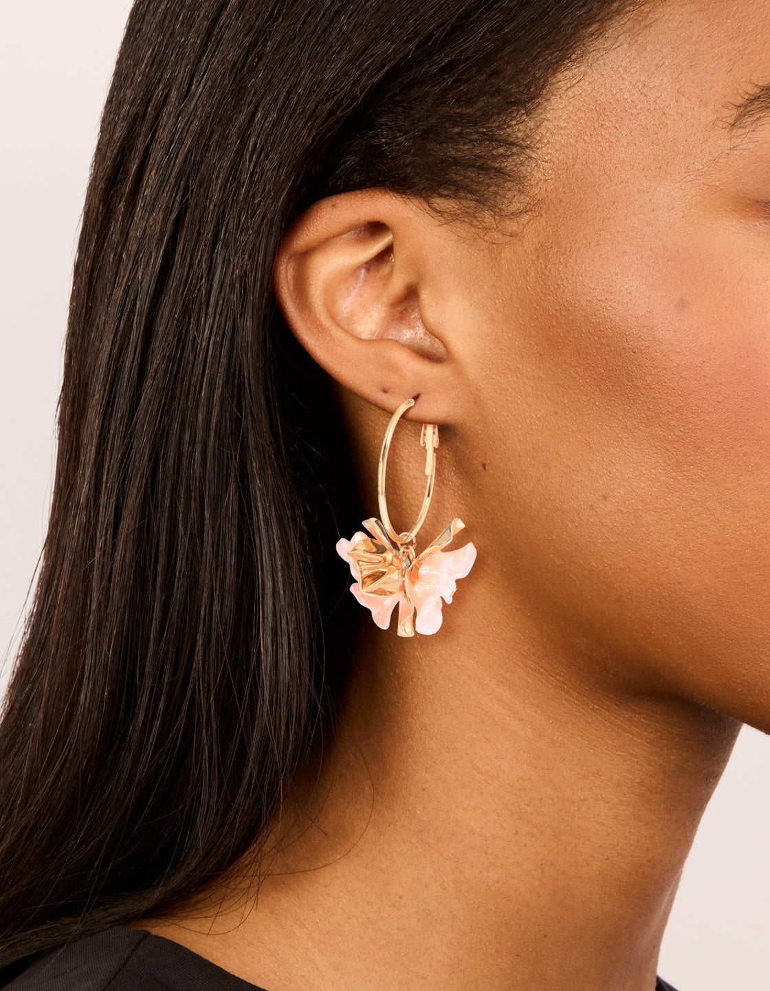 Gold Beaded Centre Pink Flower Hoop Earrings