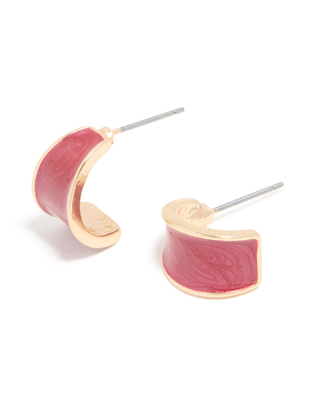 Featuring statement hoop earrings in gold with curved red shiny design front view