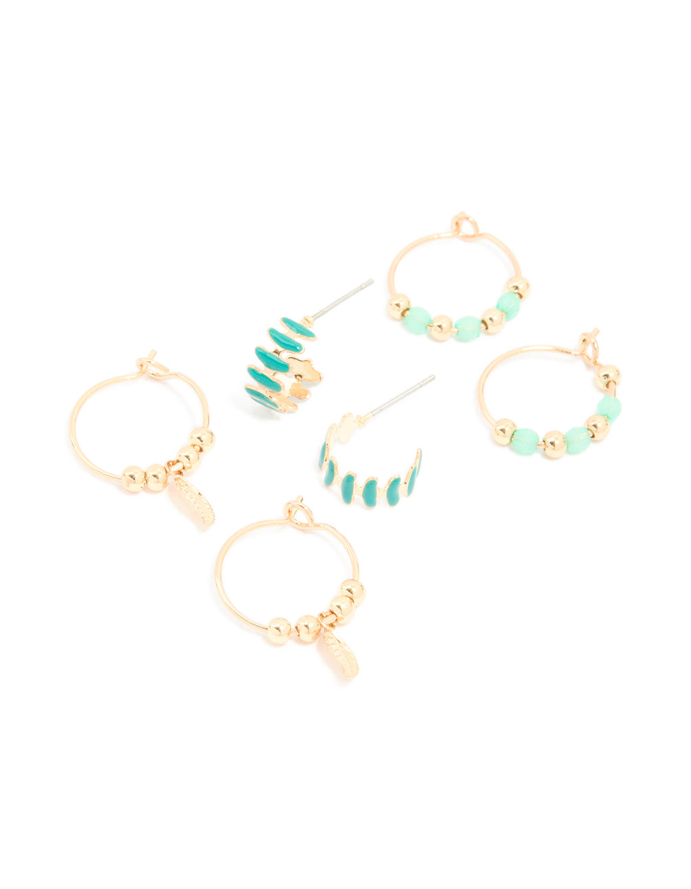 Gold Green Beaded & Leaf Huggie Earrings 3 Pack