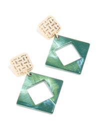 Gold Dark Green Acrylic Textured Square Drop Earrings - link has visual effect only