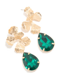 Gold Dark Green Diamante & Flower Drop Earrings - link has visual effect only