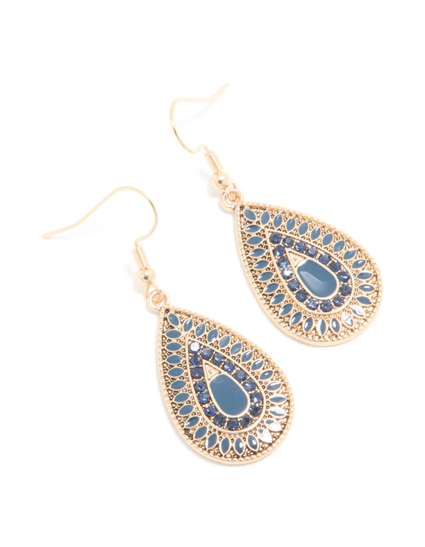 Gold Dark Blue Diamante Filigree Drop Earrings
