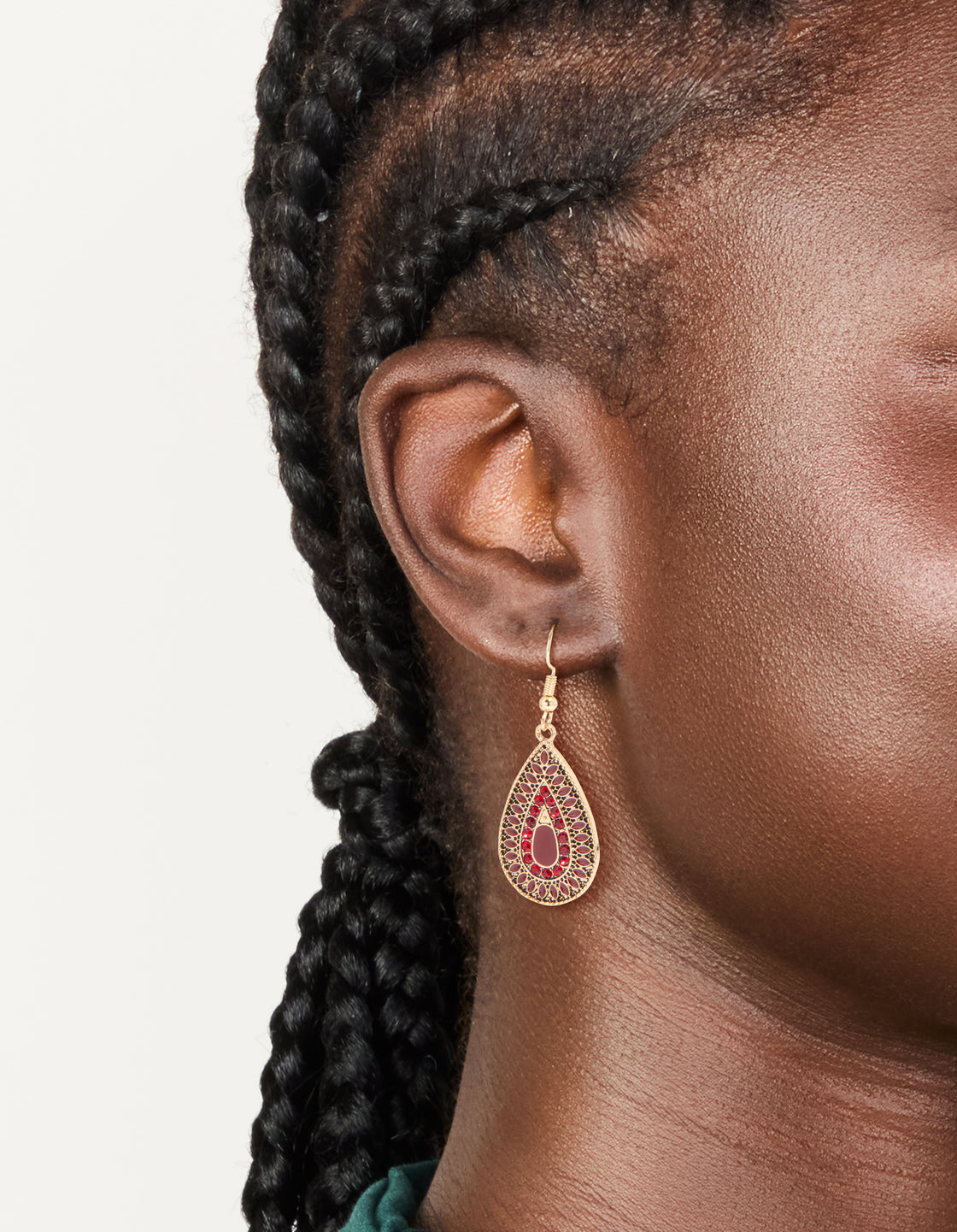 Gold Red Diamante Teardrop Filigree Drop Earrings