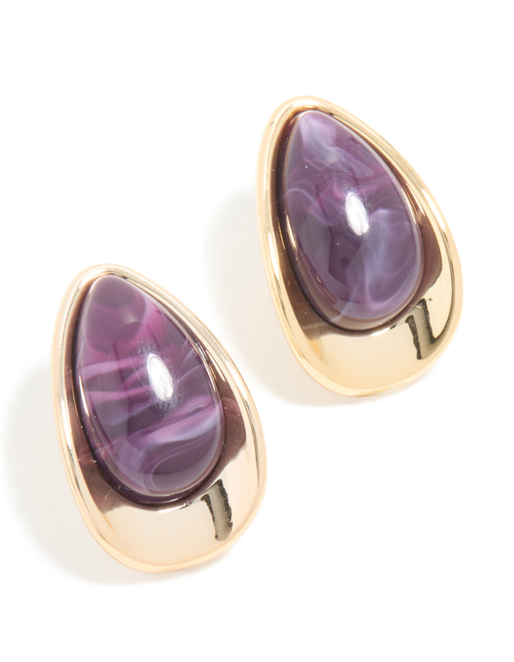 Gold Purple Beaded Pear Stud Earrings