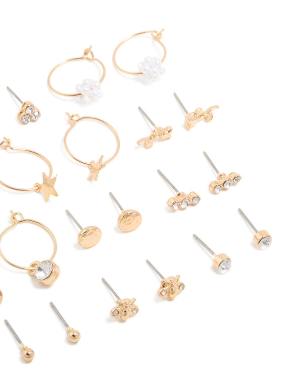 Gold Diamante & Bee Stud Earrings 12-Pack