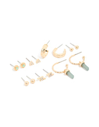 Gold Green Diamante Stud Earrings 7-Pack - link has visual effect only