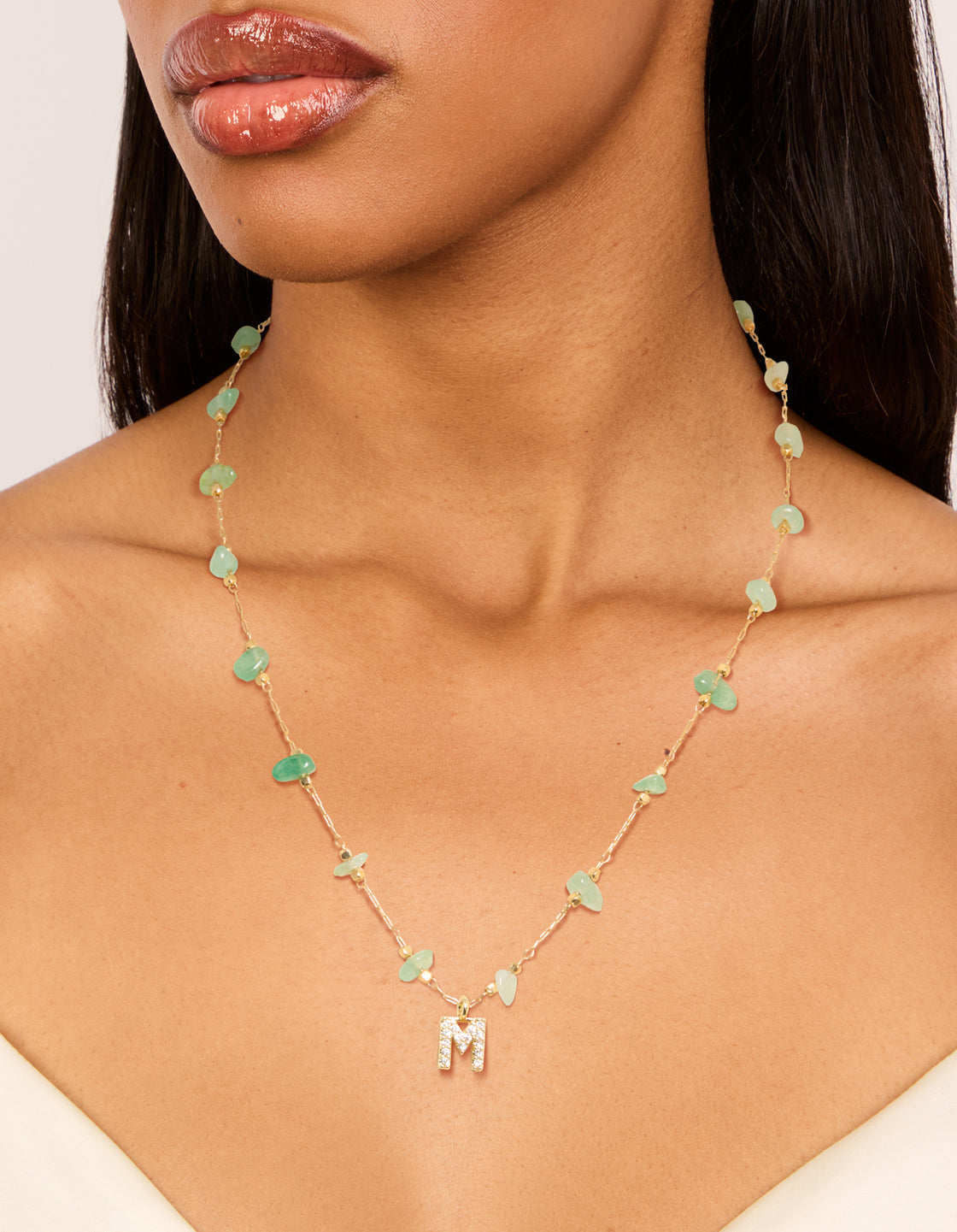 Gold Plated Green Aventurine Semi Precious Stone Cubic Zirconia Letter M Necklace