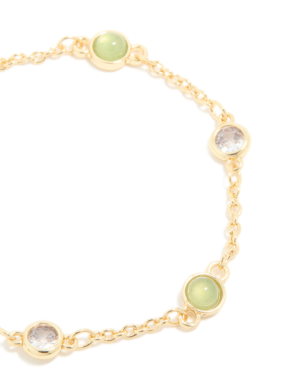 Highlighting a gold plated green aventurine bracelet with cubic zirconia in close up view