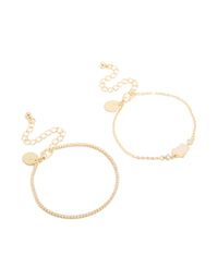Gold Plated Cubic Zirconia & Rose Quartz Semi-Precious Stone Bracelets 2-Pack - link has visual effect only