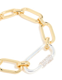 Mixed Metal Plated Diamante Carabiner Chain Bracelet - link has visual effect only