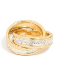 Mixed Metal Plated Diamante Layered Link Ring - link has visual effect only
