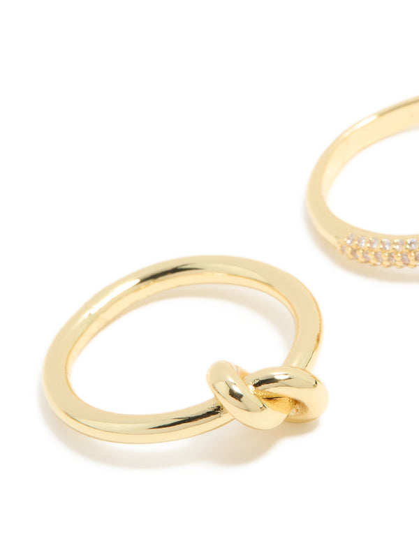 Gold Plated Cubic Zirconia & Smooth Knotted Rings 2-Pack
